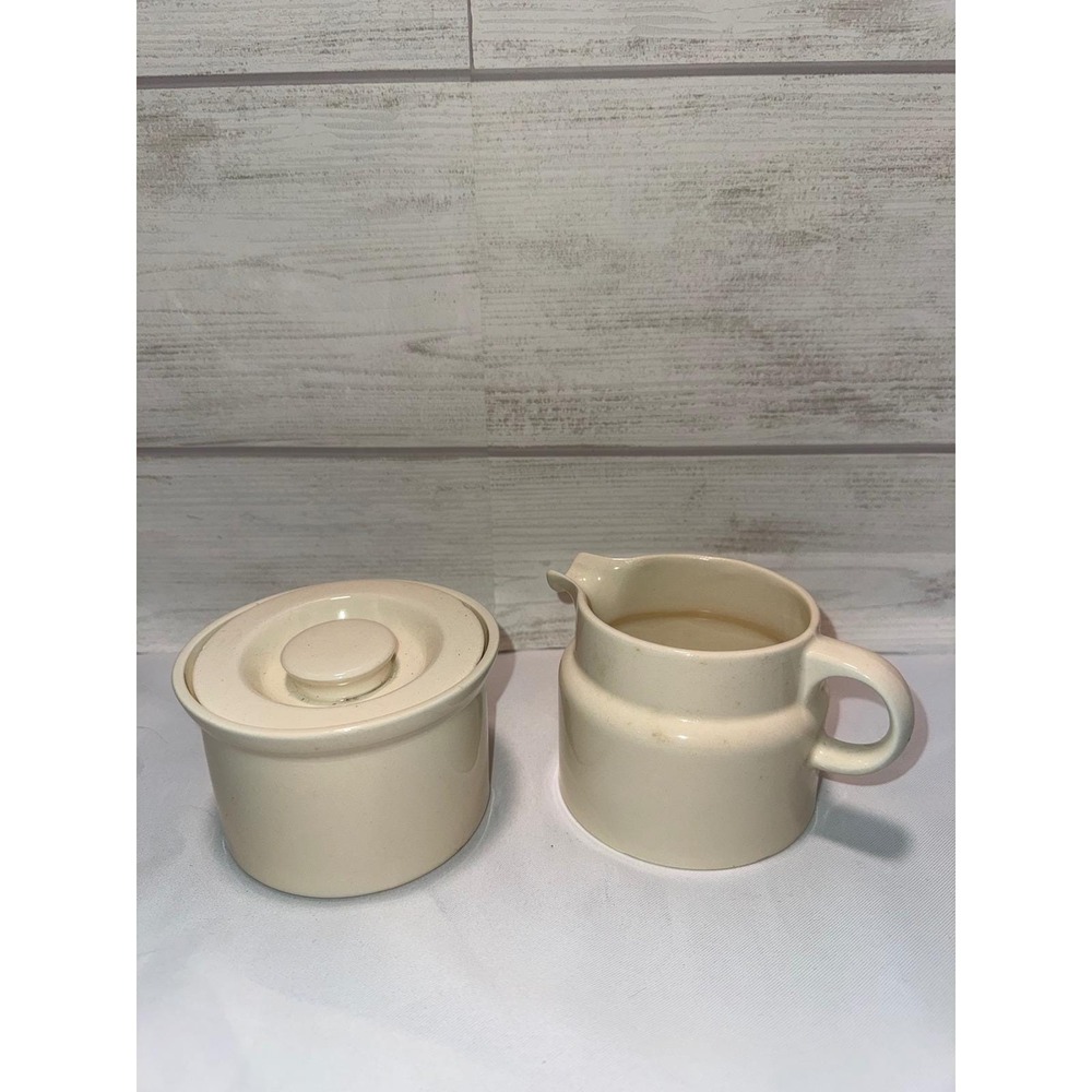 Homer Laughlin Creamer and Sugar Bowl Set with Lid Vintage Ivory Ceramic Pottery